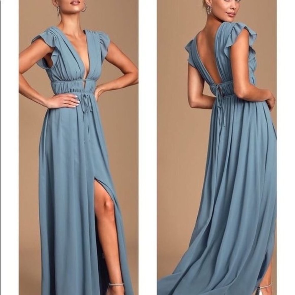 New Lulu's S I'm All Yours Ruffled Maxi Dress Slate Blue V Neck Slit Cocktail